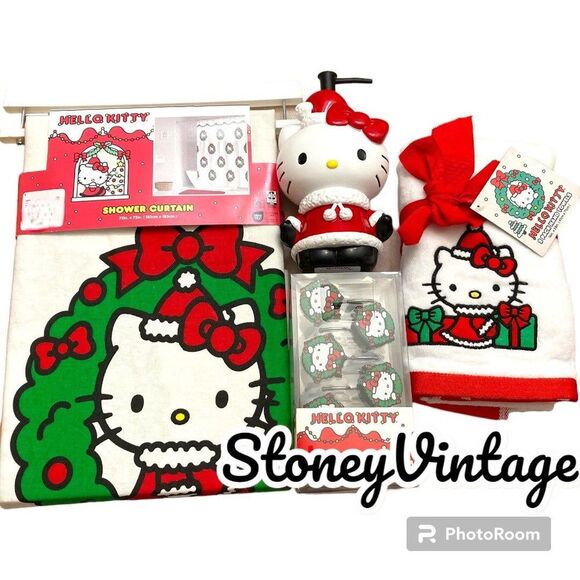 Hello kitty christmas bathroom bundle Shower Curtain, hooks, towels + dispenser